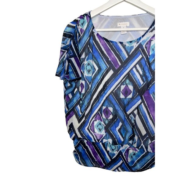 Chicos Blue Purple Print Mesh Blouse Medium Slit Sleeve Casual - Picture 2 of 12